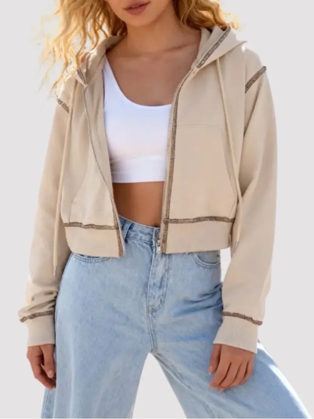 Fashion Brand Company Sand Cropped Contrast-Stitch Hoodie